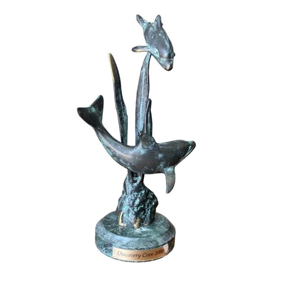 Discovery Cove 2000 SPI Gallery Metal 2 Dolphins Statue Sculpture 8" tall - Picture 1 of 6